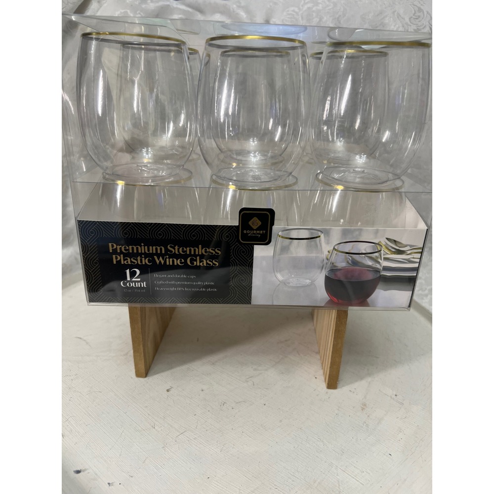 Gourmet Dining 12ct Premium Stemless Plastic Wine Glass Gold Rim 12oz BPA Free